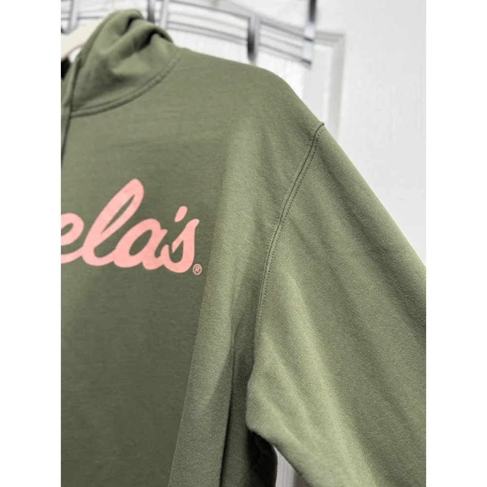 Cabela's Mens 2XL Olive Green Pullover Hoodie Pink Script Logo Fleece Sweatshirt